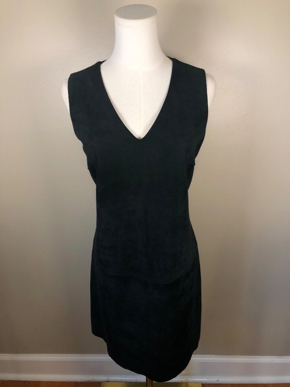 Per se Dark Forest Green Suede Merino Wool Dress Size L Side Zip V-Neck Luxe